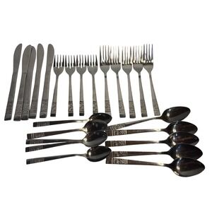 VTG National Stainless Flatware Silver Rose Pattern 24pc Set Knives Forks Spoons